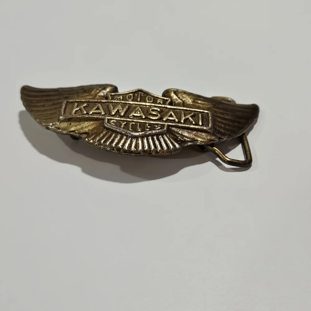 Vintage 1970s Kawasaki Motorcycles Brass Belt Buckle Wings Logo Design